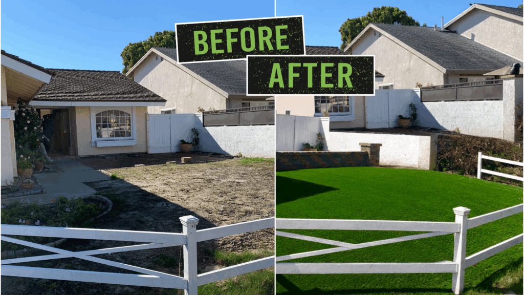 A side-by-side comparison of a residential yard transformation. The left side shows a dry, patchy dirt lawn, while the right side reveals a vibrant, lush green artificial turf installation