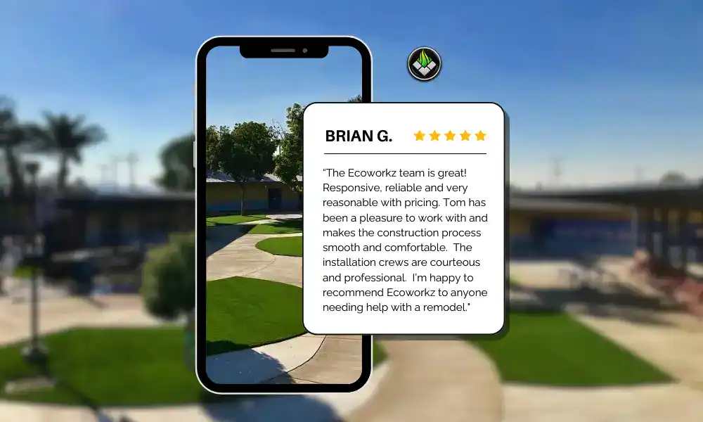A digital testimonial graphic for Ecoworkz featuring a five-star review from Brian G.