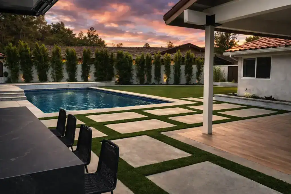 Modern backyard pool with artificial grass between large concrete pavers at sunset