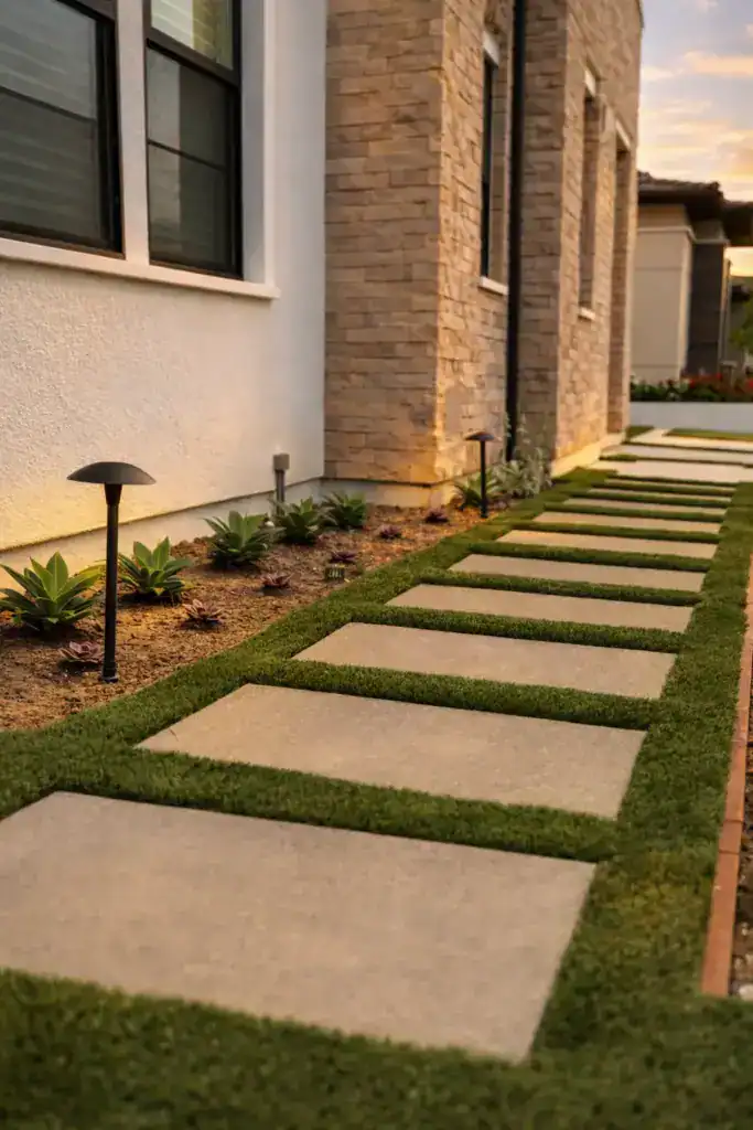 A modern side walkway with rectangular concrete pavers separated by vibrant green artificial turf strips