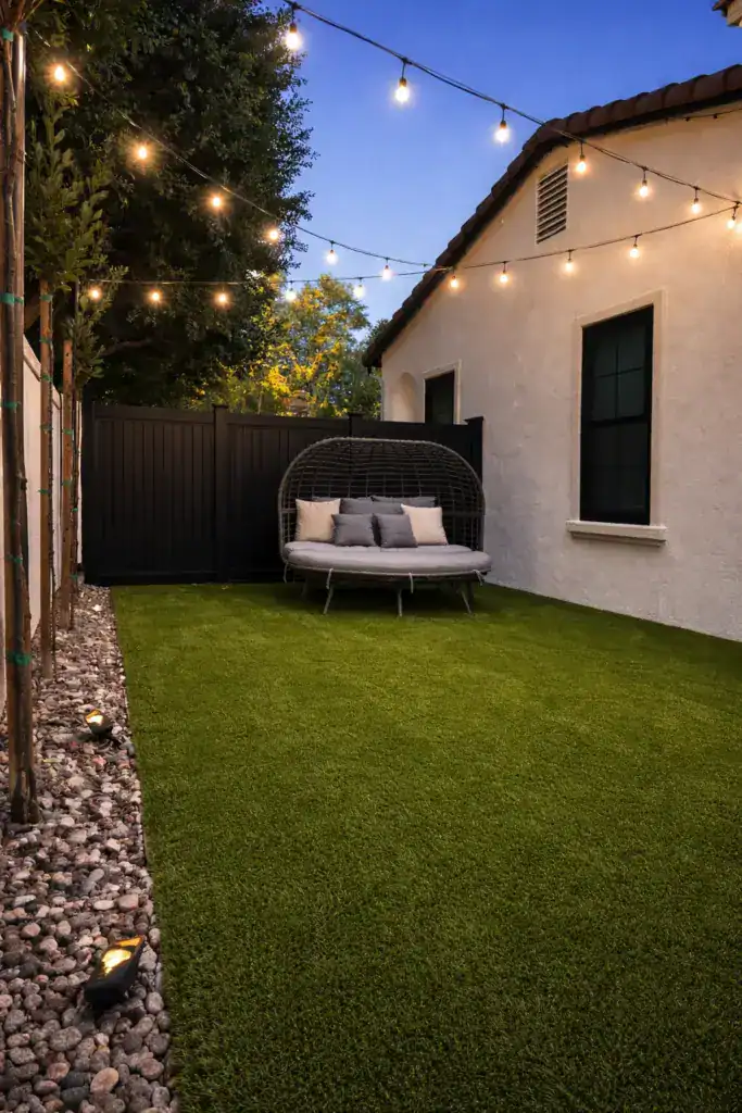 A cozy backyard at twilight featuring a full artificial turf lawn, a circular wicker daybed with grey pillows, and glowing string lights overhead
