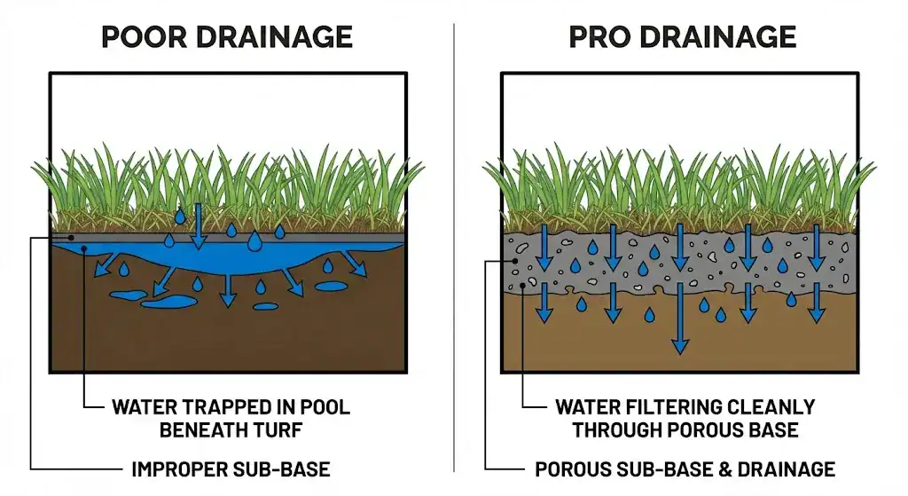 Comparison showing water pooling on poorly installed turf versus proper drainage on professional turf
