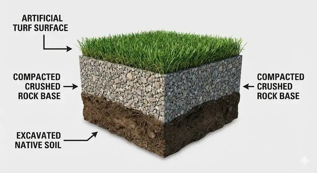 A cross-section diagram showing the layers of artificial turf installation including compacted base and drainage
