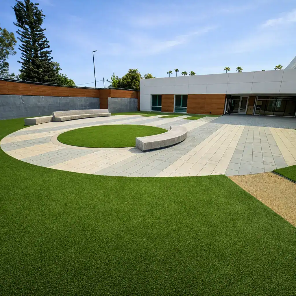 A commercial courtyard at a hospital featuring a artificial turf center surrounded concrete pavers and curved concrete benches.