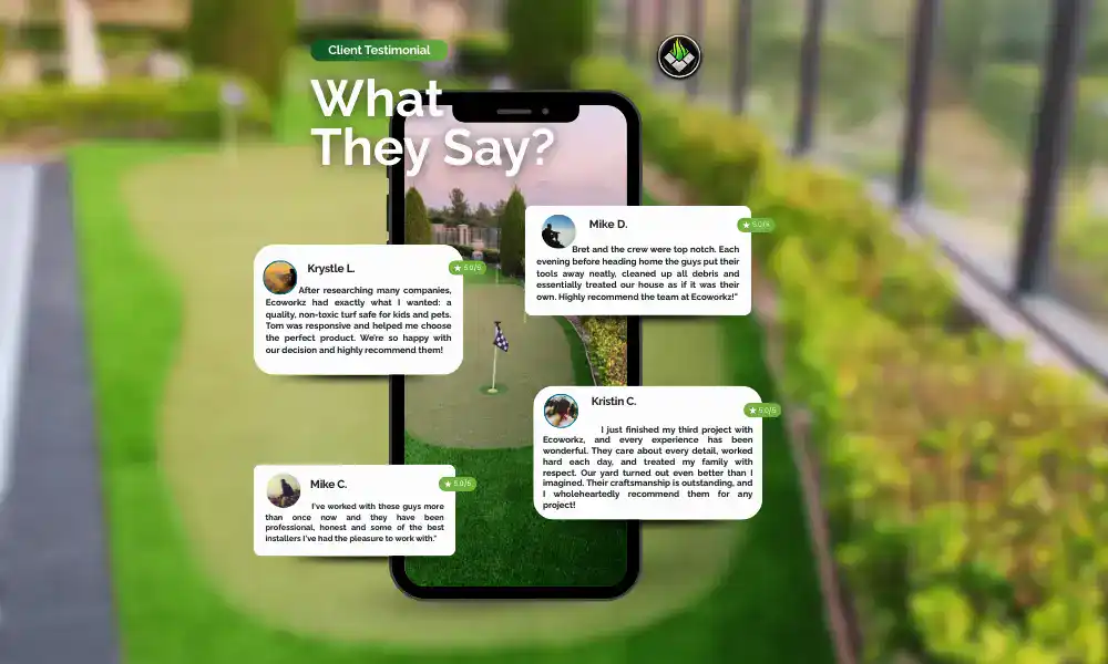 social proof graphic featuring four separate five-star customer reviews on a smartphone screen, highlighting Ecoworkz's craftsmanship and service for turf and landscaping projects