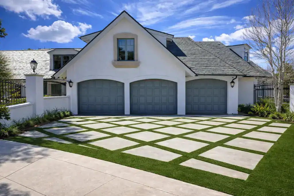 A luxury three-car garage with a modern driveway designed with large square concrete slabs and thick strips of green artificial turf