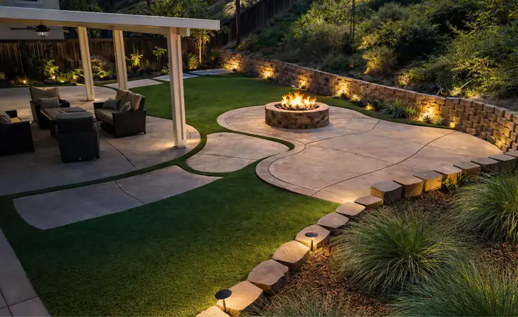 Ecoworkz backyard with fire pit, patio seating, retaining wall, and landscape lighting
