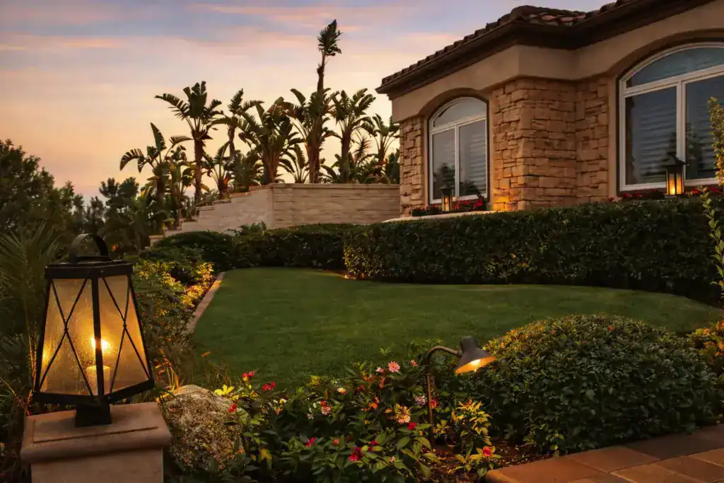 Front yard with a artificial lawn, clean edging, and enhanced curb appeal