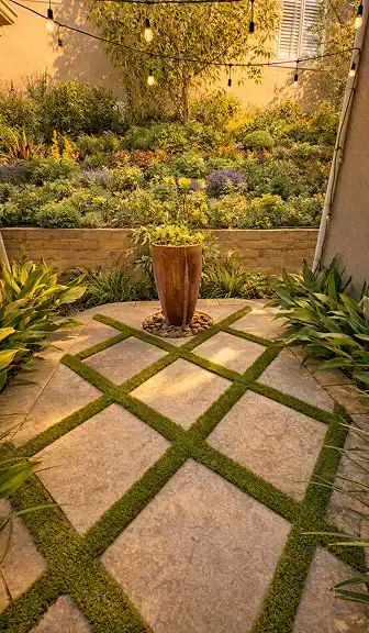 Garden pathway with stone pavers, grass joints, landscaping, and decorative planter.