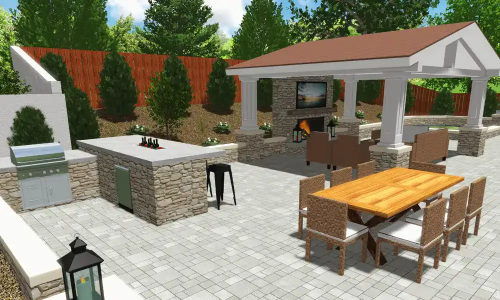 A professional 3D architectural rendering of a custom outdoor living space featuring a stone-faced outdoor kitchen with a built-in grill, a large wooden dining table, and a covered pavilion with a stone fireplace and flat-screen TV