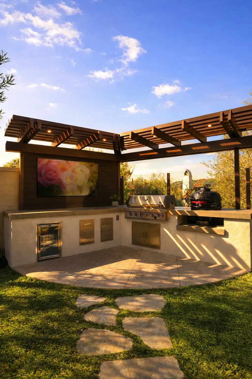Ecoworkz outdoor kitchen with pergola, built-in grill, and landscaped patio area