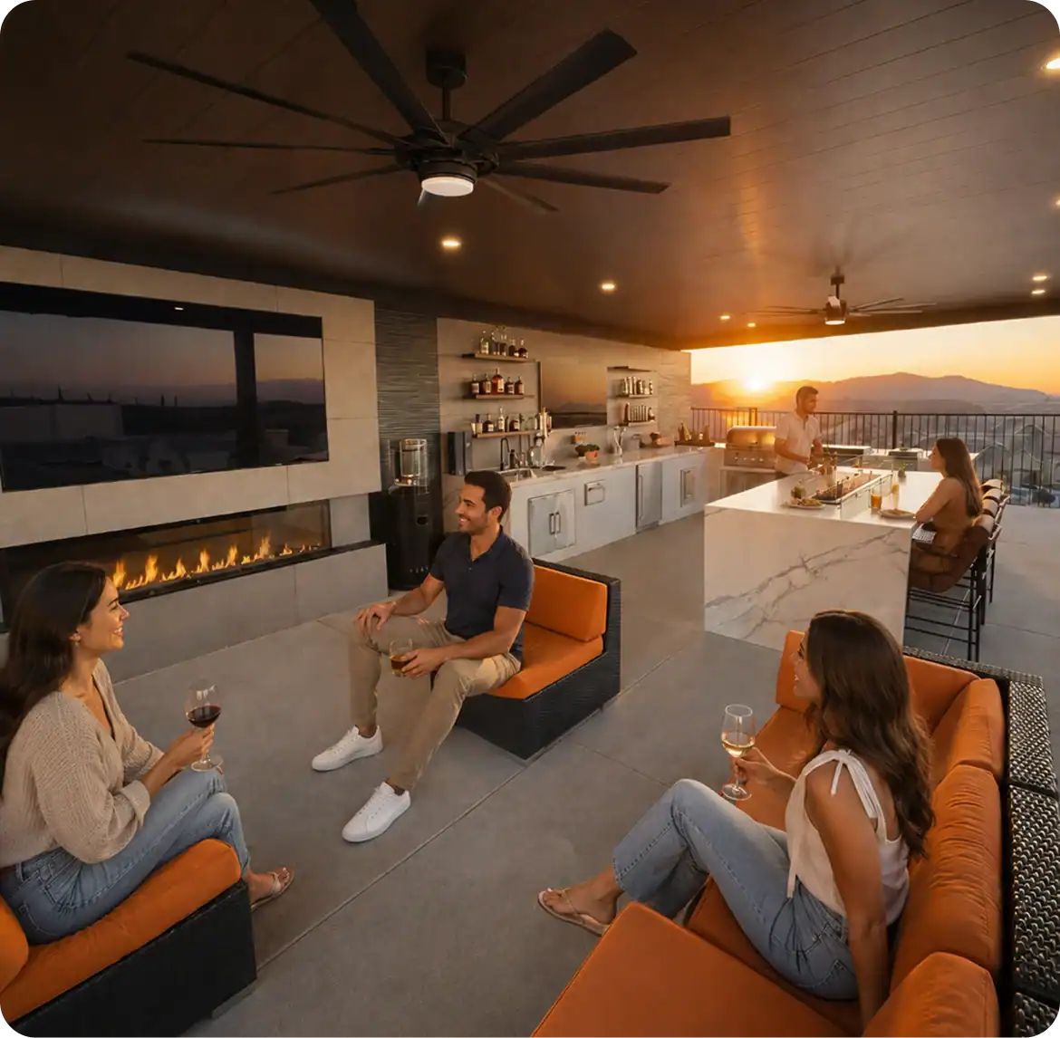 Friends relaxing in an outdoor kitchen lounge with a fire pit at sunset.