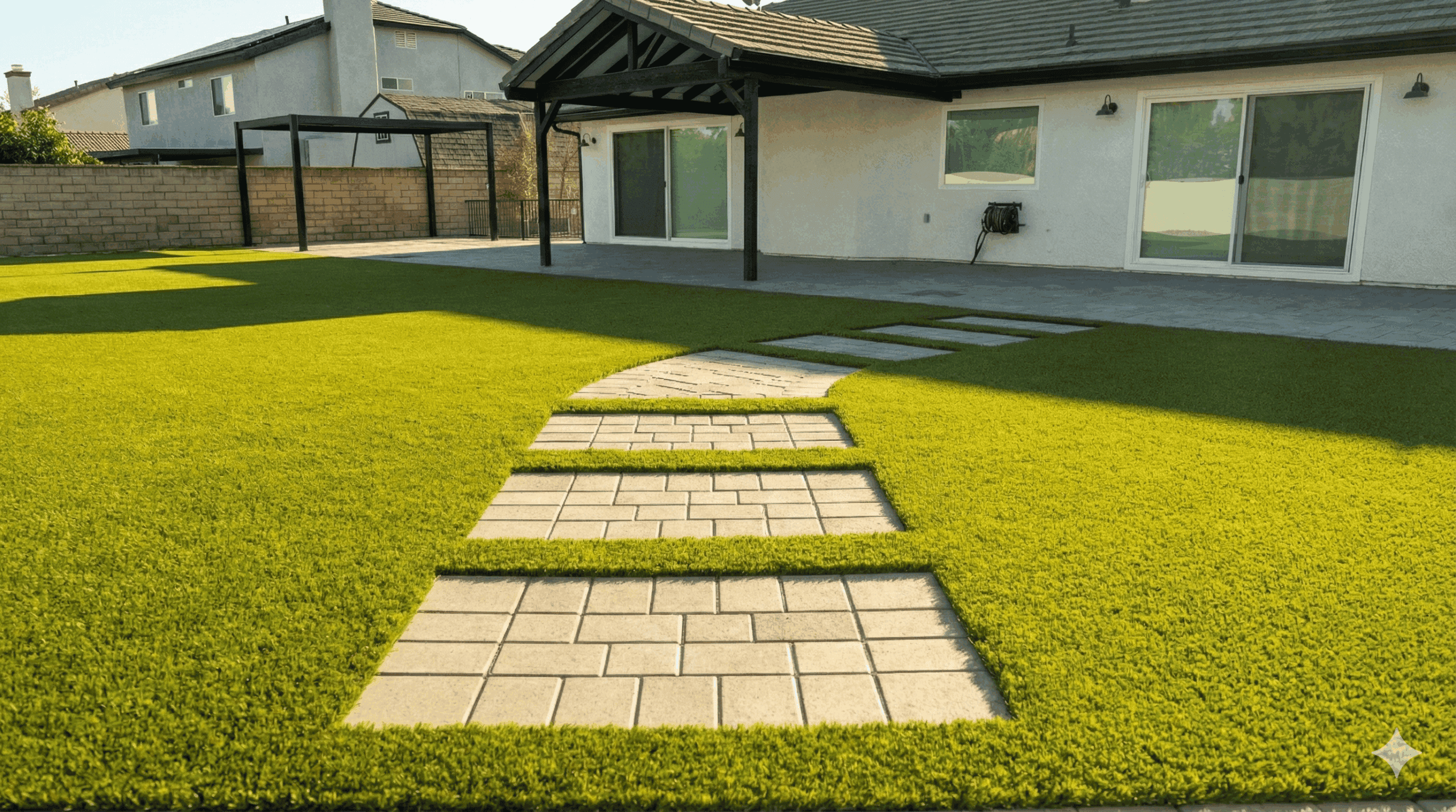 Artificial turf lawn with concrete paver stepping stones in a modern backyard landscape.