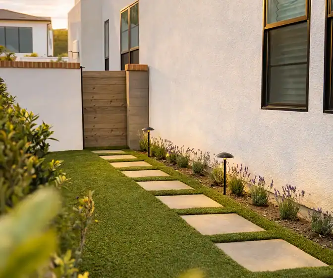 Side yard pathway with stepping stones, artificial turf, landscape lighting, and modern privacy gate